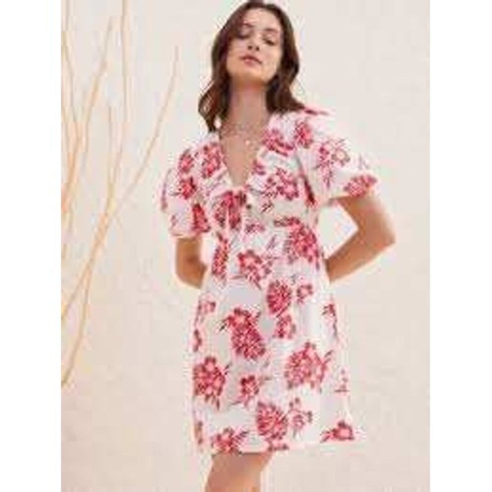 Sim & Sam Pink White Tropical Floral Puff Sleeve Babydoll Mini Sun Dress M Luau